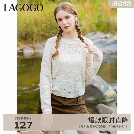 LAGOGO镂空圆领套头毛针织衫女拉谷谷夏季新款气质简约长袖上衣商品大图