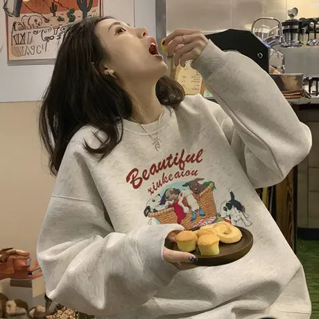 圆领卫衣女2025新款爆款白灰色长袖秋季薄款宽松巨好看的无帽上衣商品大图