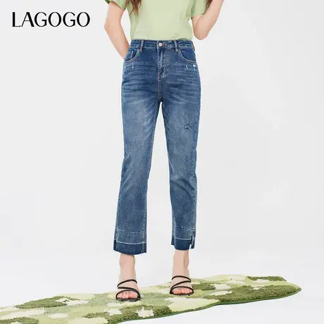 LAGOGO设计感九分牛仔裤女拉谷谷春夏新款休闲百搭高腰直筒裤子商品大图