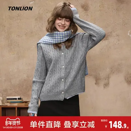 唐狮2026秋冬毛衣女绞花温柔风假两件设计感针织开衫女外套高级感商品大图