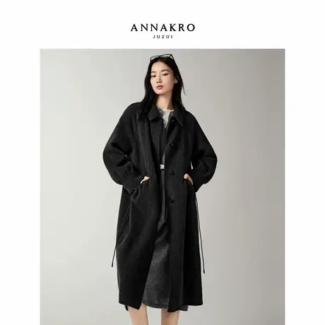 玖姿安娜蔻韩系花苞抽绳口袋长款羊毛双面呢大衣女2025冬季新款图片