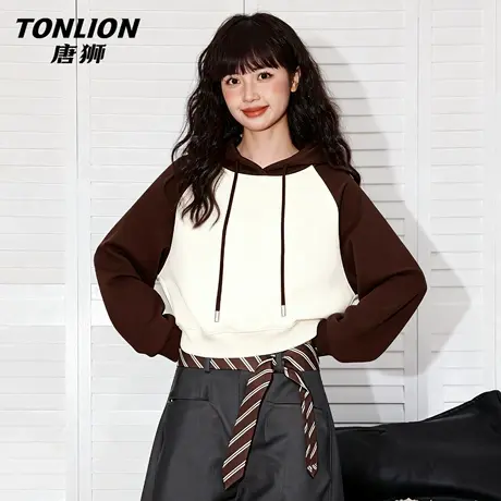 唐狮官方美拉德撞色卫衣女2026新款春季套头连帽外套宽松短上衣VC图片