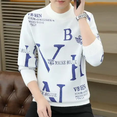 水貂绒半高领毛衣男士秋冬季潮流宽松休闲打底针织衫加厚保暖线衣商品大图