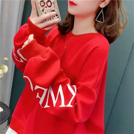 拼接假两件圆领卫衣女2022年春季新款韩版中长款宽松刺绣百搭上衣商品大图