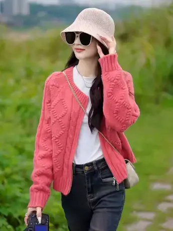 慵懒风针织开衫外套女秋季款长袖短款毛衣圆领麻花上衣遮肚韩版潮商品大图