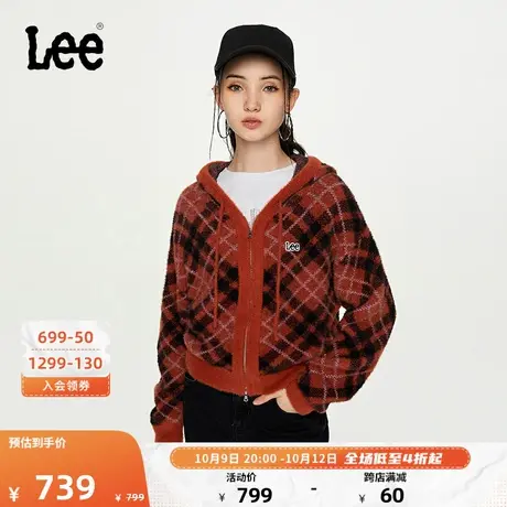 Lee商场同款23秋冬新品舒适版红褐色格纹短身版连帽毛衣开衫女潮图片