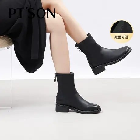 [双11预售]百田森粗跟瘦瘦靴女2023新款百搭圆头休闲女冬短靴商品大图