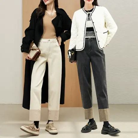 娅丽达加绒镰刀裤女宽松显瘦牛仔哈伦裤2023冬装新款小个子女裤潮图片