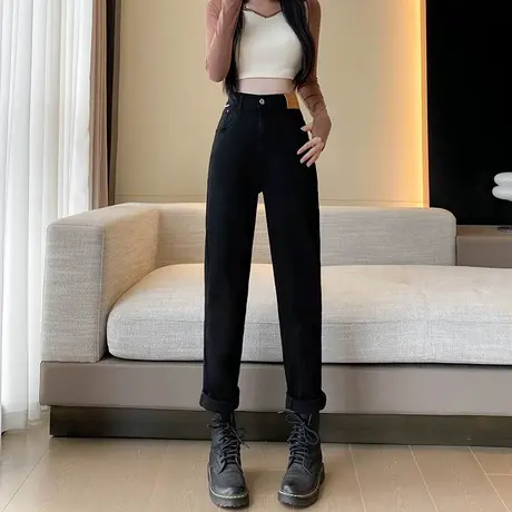 黑色牛仔裤女2023年新款春秋高腰显瘦直筒萝卜小个子哈伦老爹裤子商品大图