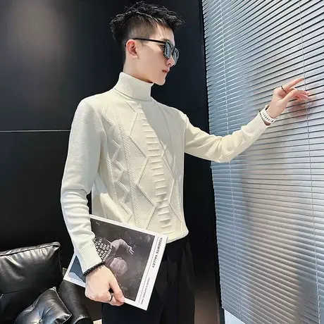高领毛衣男秋冬慵懒高级感潮流青年打底衫线衣纯色个性提花针织衫商品大图