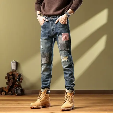 美式高街牛仔裤男款修身小脚印花宽松百搭大码潮流高档牛仔裤男士图片