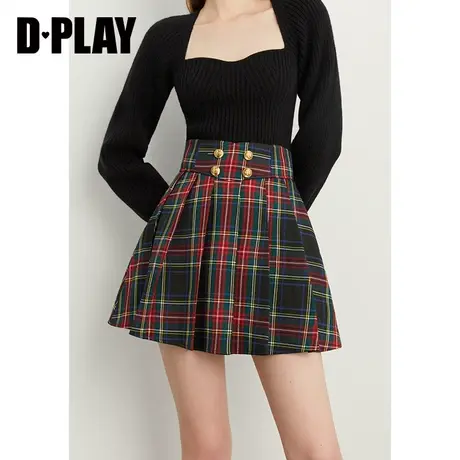 DPLAY秋新学院风苏格兰格纹高腰双排扣防走光裤里百褶半裙图片