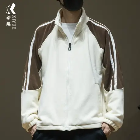 希越重磅摇粒绒棉衣男秋冬款美式运动风外套宽松大码撞色拼接夹克商品大图