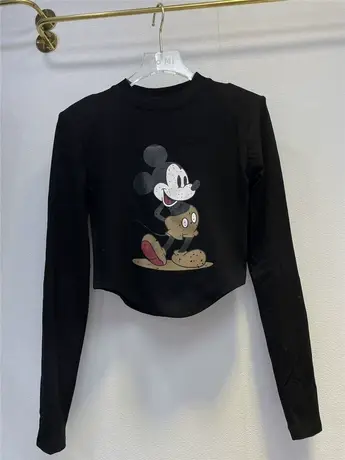 卡通米奇印花长袖加绒短款T恤女秋冬新款美式复古时尚不规则内搭商品大图