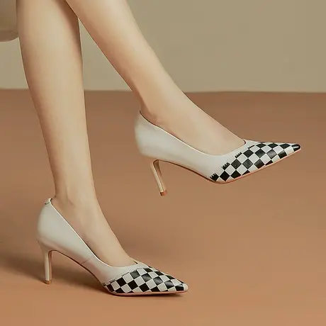 里外真皮尖头高跟鞋女细跟格子纹拼色单鞋女浅口法式百搭气质女鞋图片