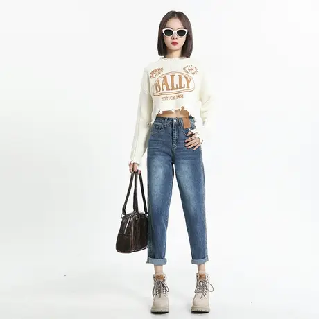 高腰哈伦牛仔裤女秋冬2023新款显瘦小个子九分今年流行萝卜老爹裤商品大图