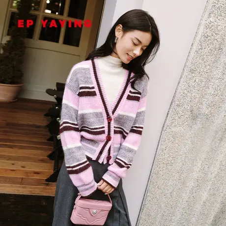 EP YAYING雅莹女装 马海毛撞色条纹针织开衫 秋冬商场同款9149A图片