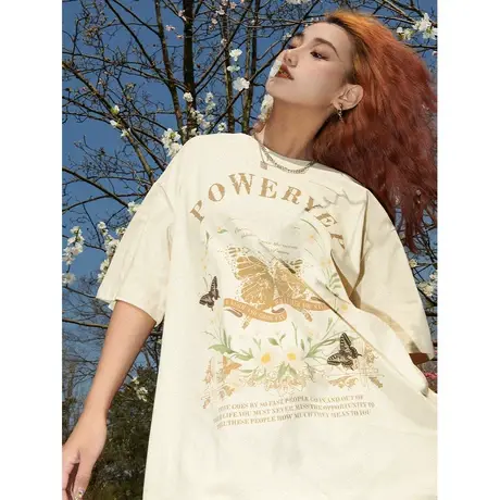 yep美式复古杏色短袖t恤女2023新款夏装潮牌情侣装上衣宽松设计感商品大图