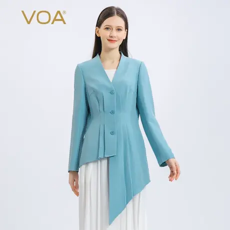 VOA45姆米重磅真丝V领三粒扣配色时尚有线条感商务桑蚕丝西装外套图片