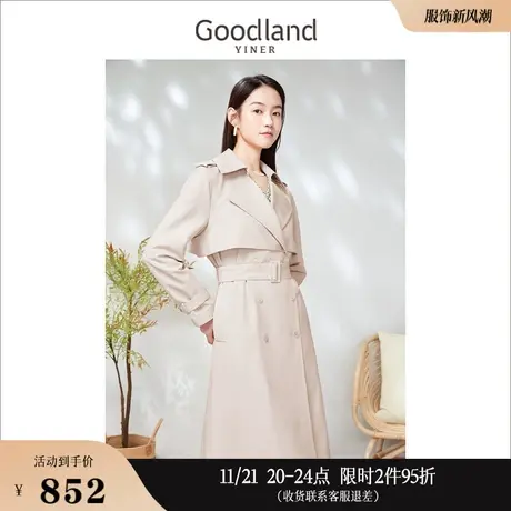 Goodland美地女装2023春季通勤复古显瘦双排扣中长款风衣商品大图