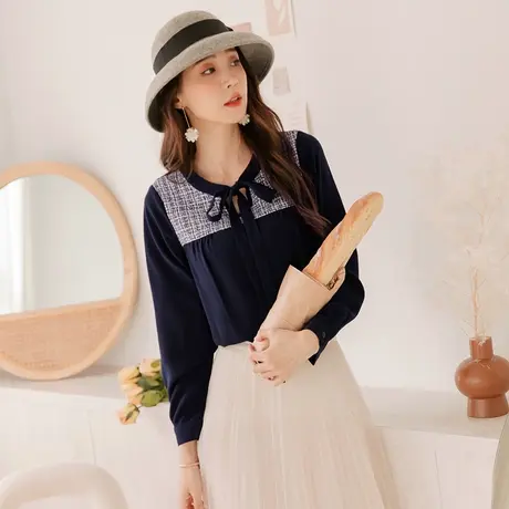 桔熊秋冬复古气质毛呢拼接蝴蝶结绑带厚雪纺衫上衣女大码AB16208商品大图