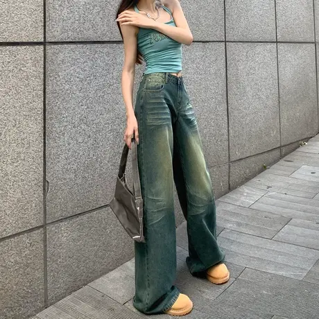美式复古阔腿牛仔裤女2023春秋季做旧水洗高腰显瘦宽松直筒拖地裤商品大图