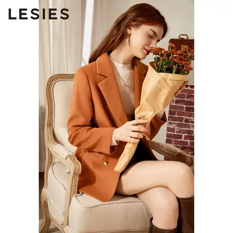 LESIES蓝色倾情秋冬季徽标装饰双排扣高级感通勤羊毛呢小西装外套图片