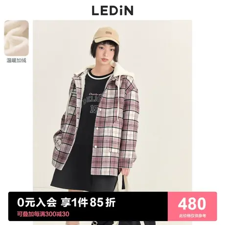 乐町休闲格纹毛呢大衣女2023春季新款甜美衬衫加绒厚外套图片