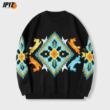 黑色国潮复古羊毛衣男冬季圆领季宽松青少年情侣针织衫外套潮牌图片