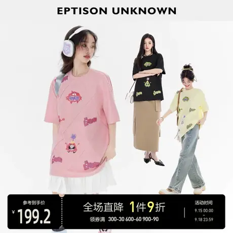 EPTISON短袖T恤女2023夏季新款甜美减龄印花设计黑色宽松休闲上衣图片