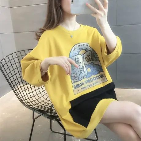 中长款拼色口袋短袖T恤女2023年夏装新款宽松半袖五分袖打底体恤图片