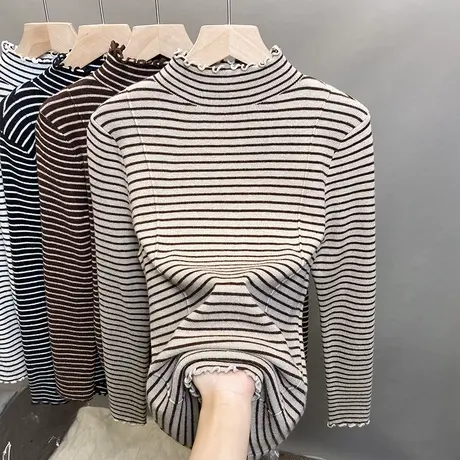 半高领毛衣女木耳边打底衫2023秋冬新款套头条纹针织衫内搭上衣潮商品大图