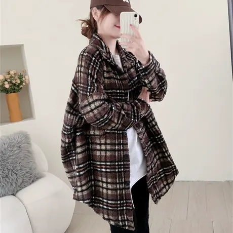 加厚磨毛格子衬衫女秋冬2023新款宽松设计感复古长袖休闲开衫外套商品大图