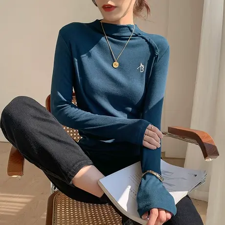 德绒半高领打底衫女秋冬洋气百搭加厚上衣欧货修身显瘦长袖T恤潮商品大图
