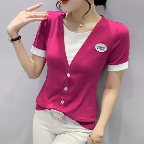 欧货假两件T恤女短袖时尚拼色圆领上衣设计感小众丅恤修身小衫ins商品大图
