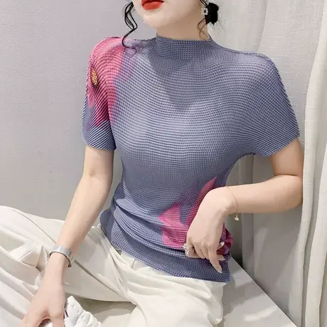 气质印花短袖T恤女2024夏装新时尚减龄小衫半高领修身网纱上衣ins商品大图