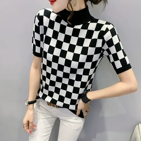 棋盘格短袖T恤女装2023新款潮洋气半高领针织衫内搭紧身上衣春夏图片