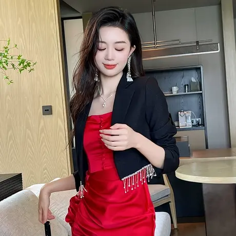 小香风流苏西装短外套2023新款百搭名媛显瘦黑色小西服开衫上衣女图片