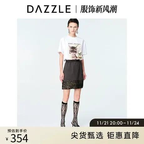 DAZZLE地素奥莱 春夏小众白色卡通刺绣印花圆领短袖T恤女图片