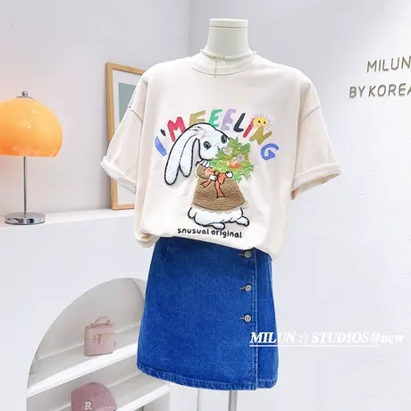 韩国东大门别致上衣2023春夏款复古重工兔子短袖小衫洋气欧货大版商品大图