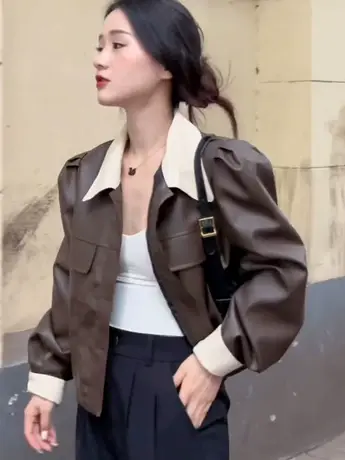 韩版气质polo短款百搭拼色皮衣外套女2023春秋新款港风复古上衣潮图片