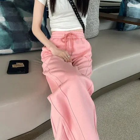 粉色阔腿裤女窄版秋冬高腰宽松显瘦小个子休闲运动香蕉直筒长裤潮图片