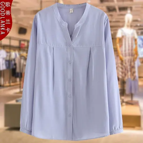 大码中年妈妈秋装衬衣宽松显瘦遮肚上衣时尚V领女士长袖雪纺衬衫商品大图