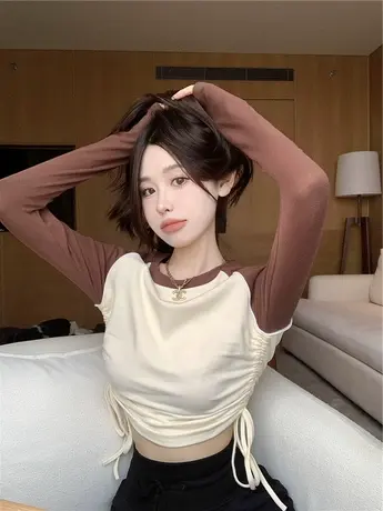 黑色内搭圆领长袖修身显瘦打底衫女装秋冬季设计感抽绳T恤上衣潮商品大图