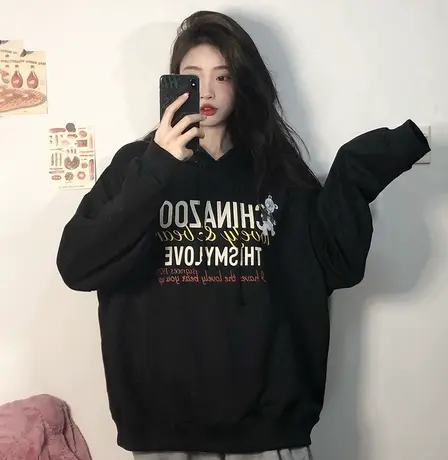 卡通字母小熊连帽卫衣女秋季复古减龄休闲宽松慵懒风长袖上衣外套商品大图