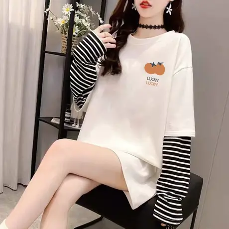中长款t恤女长袖早秋款韩版宽松假两件大码拼接上衣ins潮外穿秋衣商品大图
