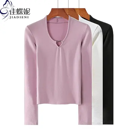 秋冬新款椭圆领性感纯欲修身显瘦纯色纯棉长袖体恤上衣女打底衫图片