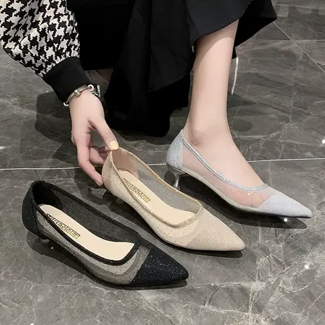 网纱单鞋女2023夏季新款尖头气质小跟水钻包头仙女风细高跟女鞋潮商品大图