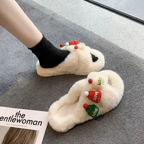 卡通圣诞节可爱帽子棉拖鞋女2024平底外穿家用防滑舒适毛毛一字拖商品大图