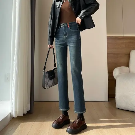 加绒直筒牛仔裤女2024秋冬新款高腰显瘦窄版小个子九分法棍烟管裤商品大图